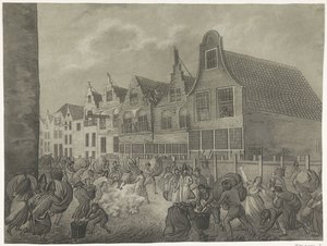 Bezwijking van de bekisting langs de Kortendijk in Gorinchem, 1809 Vier platen van de watersnood in 1809 opgedragen aan koning Lodewijk Napoleon (series title) door A. Lutz