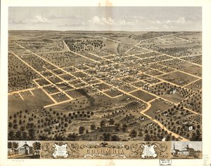 Gezicht in vogelvlucht op de stad Columbia, Boone Co, Missouri 1869. LOC 73693473