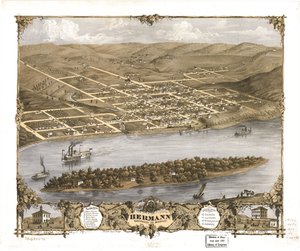 Vogelvlucht van de stad Hermann, Gasconade Co, Missouri 1869. LOC 73693476 door A. Ruger