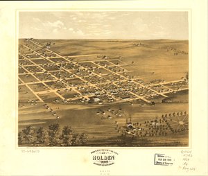 Gezicht in vogelvlucht op de stad Holden, Johnson Co, Missouri 1869. LOC 73693477