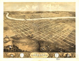 Gezicht in vogelvlucht op de stad Lawrence, Kansas 1869. LOC 73693409