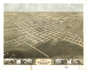 Gezicht in vogelvlucht op de stad Sedalia, Pettis Co, Missouri 1869. LOC 73693491