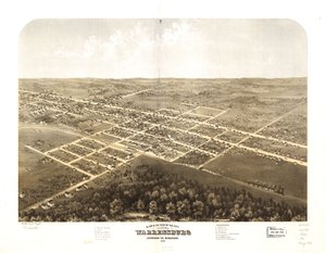 Gezicht in vogelvlucht op de stad Warrensburg, Johnson Co, Missouri 1869. LOC 73693492 door A. Ruger