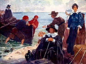 Een groep ballingen meert hun bark aan op de wilde kust van New England, 1620, 1905