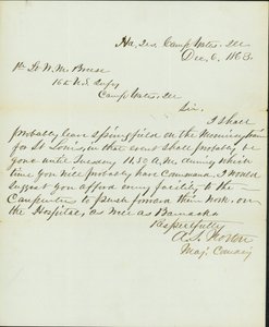 Brief ondertekend A.S. Norton, Major Commanding, Hoofdkwartier, Camp Yates, Ill., aan 1e Luitenant W.M. Breese, 16e U.S. Infanterie, Camp Gates, Ill., 6 december 1863 door A. S. Norton