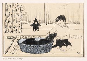 Jongen aait een hond door A. Tinbergen (signed by artist)