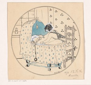 Meisje wil baby uit wieg tillen door A. Tinbergen (signed by artist)