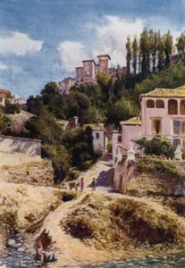 Het Alhambra, Torre de las Damas vanaf de rivier Darro (kleur litho) door A. Trevor Haddon