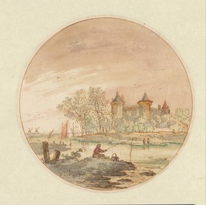 Landschap met een hengelaar en een kasteel door Aarnout ter Himpel