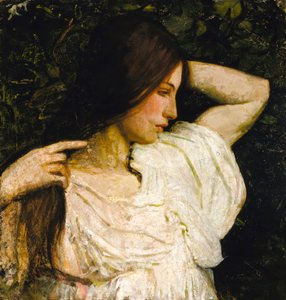 Meisje dat haar haar schikt door Abbott Handerson Thayer