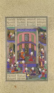 Manuchihr verwelkomt Sam maar beveelt oorlog tegen Mihrab, Folio 80v uit de Shahnama, ca. 1525 door 