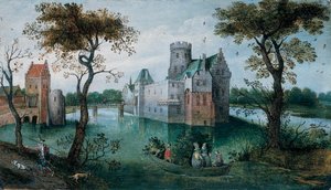 Een ommuurd kasteel met elegante figuren in een boot en een jager met zijn honden op een pad op de voorgrond door Abel Grimmer or Grimer