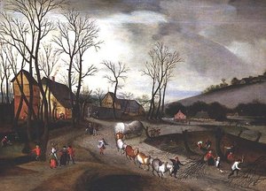 Winterlandschap met boeren die knotten