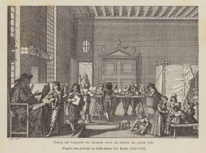 Franse jongensschool tijdens het bewind van Lodewijk XIII (litho)