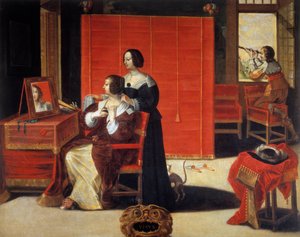 De vijf zintuigen: Het zicht Een jonge vrouw voor haar spiegel terwijl een man een astronomische kijker gebruikt. Schilderij door Abraham Bosse (1602-1676). 17e eeuw. Tours, Museum voor Schone Kunsten