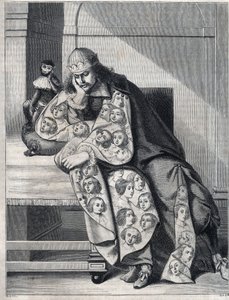 De man vol boosaardigheid: een man met een dubbele jas van vrouwenhoofden mediteert met een aap aan zijn zijde. Reproductie van een prent door Abraham Bosse (1604-1676).
