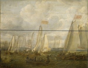 Maritieme optocht op het IJ bij Amsterdam door Abraham  Alewijn