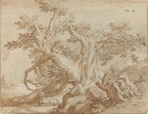 Landschap met zittende figuur en hond door Abraham Bloemaert