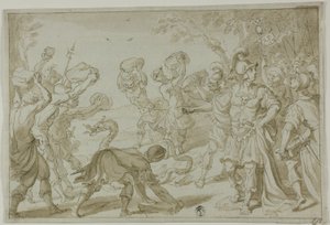 Romeinse soldaten stenigen een slang door Abraham Bloemaert