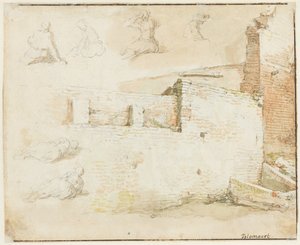 Studies van een bakstenen muur en enkele figuren, van achteren gezien door Abraham Bloemaert