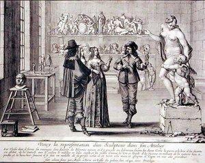 Een beeldhouwer in zijn atelier (gravure)