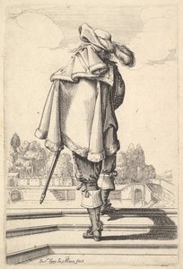 Een heer, gezien van achteren, lopend op een borstwering, met een mantel over zijn linkerschouder..., 1629 door Abraham Bosse