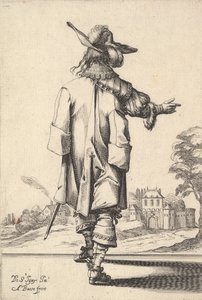 Een heer, gezien van achteren, met zijn rechterarm uitgestrekt en een mantel over zijn linker... , 1629 door Abraham Bosse