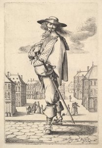Een heer, driekwart naar links gedraaid, met een hoed en laarzen met sporen, drag..., 1629