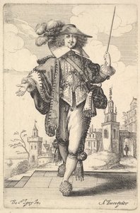 Een heer die naar voren loopt, met zijn rechterarm uitgestrekt en een zweep in zijn linkerhand, 1629