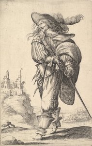 Een heer, lopend naar links en zijn zwaard uit de schede trekkend, met een plu... door Abraham Bosse
