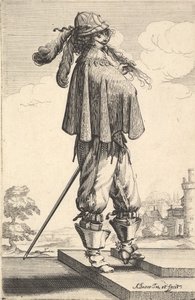 Een heer met een korte jas, een helm en laarzen met sporen, staand op de treden, 1629 door Abraham Bosse