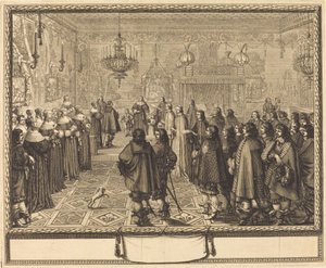 Ceremonie van het Huwelijkscontract tussen Vladislas IV, Koning van Polen, en LouiseMarie van Gonzaga, Prinses van Mantua, in Fontainebleau door Abraham Bosse