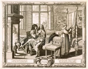 Echtgenoot met vrouw op schoot bij de open haard, Bosse, Abraham (1602-76)