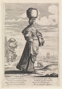 Naar rechts lopende vrouw in een landschap, een pot op haar hoofd dragend door Abraham Bosse
