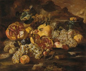 Granaatappels en ander fruit in een landschap