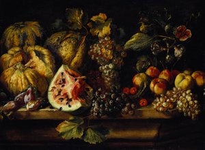 Stilleven van watermeloen, druiven, pruimen, perziken, kersen en ander fruit op een richel