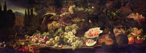 Stilleven van fruit met een groene papegaai en een zilveren vaas door Abraham Brueghel