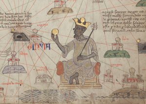 Detail van de Catalaanse Atlas, blad 6, met Mansa Musa op de troon, 1375