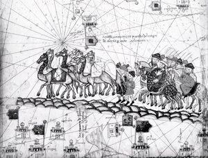 Ms Esp 20 paneel 4, Handelaren op weg naar Cathay, China, in de voetsporen van Marco Polo, detail van de familie van Marco Polo die per kameelkaravaan reist, uit de Catalaanse Atlas gepubliceerd voor Charl door Abraham Cresques