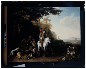 Een uitgestrekt landschap met een jachtgezelschap rustend bij een waterbak en een sportman die schiet