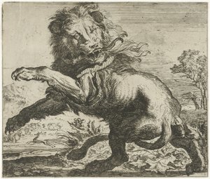 Leeuw en slang in gevecht door Abraham Danielsz. Hondius