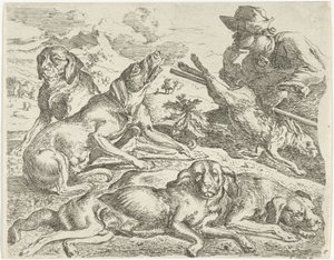 Vier honden, een jager en een haas door Abraham Danielsz. Hondius