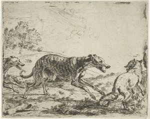 Vos en de drie honden door Abraham Danielsz. Hondius