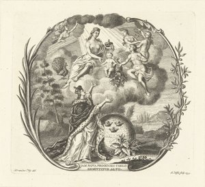 Allegorie op de geboorte van een kind met Juno en Overvloed door Abraham Delfos