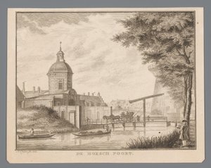 Gezicht op de Morspoort te Leiden door Abraham Delfos
