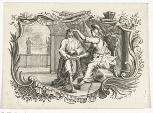 Minerva beloont of huldigt man voor zijn werk, in cartouche door Abraham Delfos