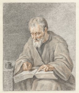 Oude man, schrijvend in boek