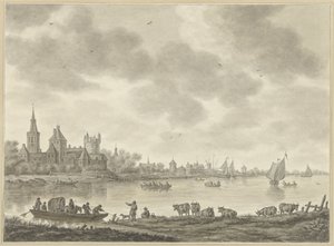 Rivierlandschap met veer door Abraham Delfos