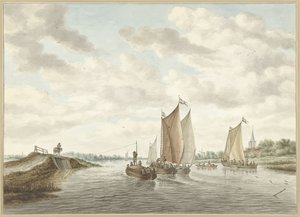 Rivierlandschap met verschillende schuiten door Abraham Delfos