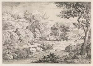 Heuvellandschap met vijver door Abraham Genoels